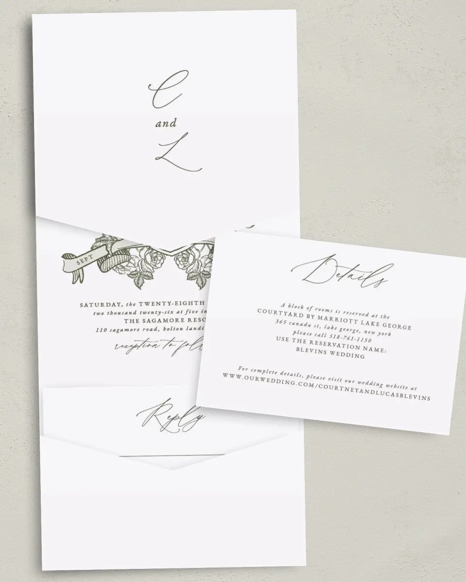 This is a 5¼" x 7¼" Folded Pocket Wedding Invitation called Elegant Crest printed in full color with Gold foil on Luxe Satin (coated) paper