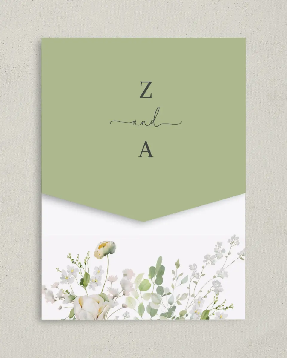 This is a 5¼" x 7¼" Folded Pocket Wedding Invitation called The Zoey printed in full color on Premium Smooth paper