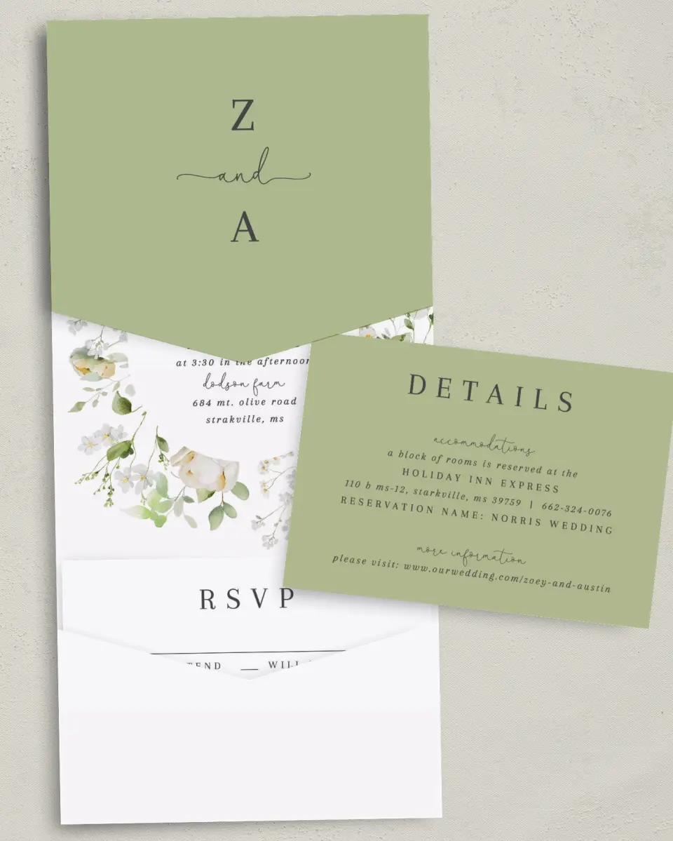 This is a 5¼" x 7¼" Folded Pocket Wedding Invitation called The Zoey printed in full color with Gold foil on Luxe Satin (coated) paper