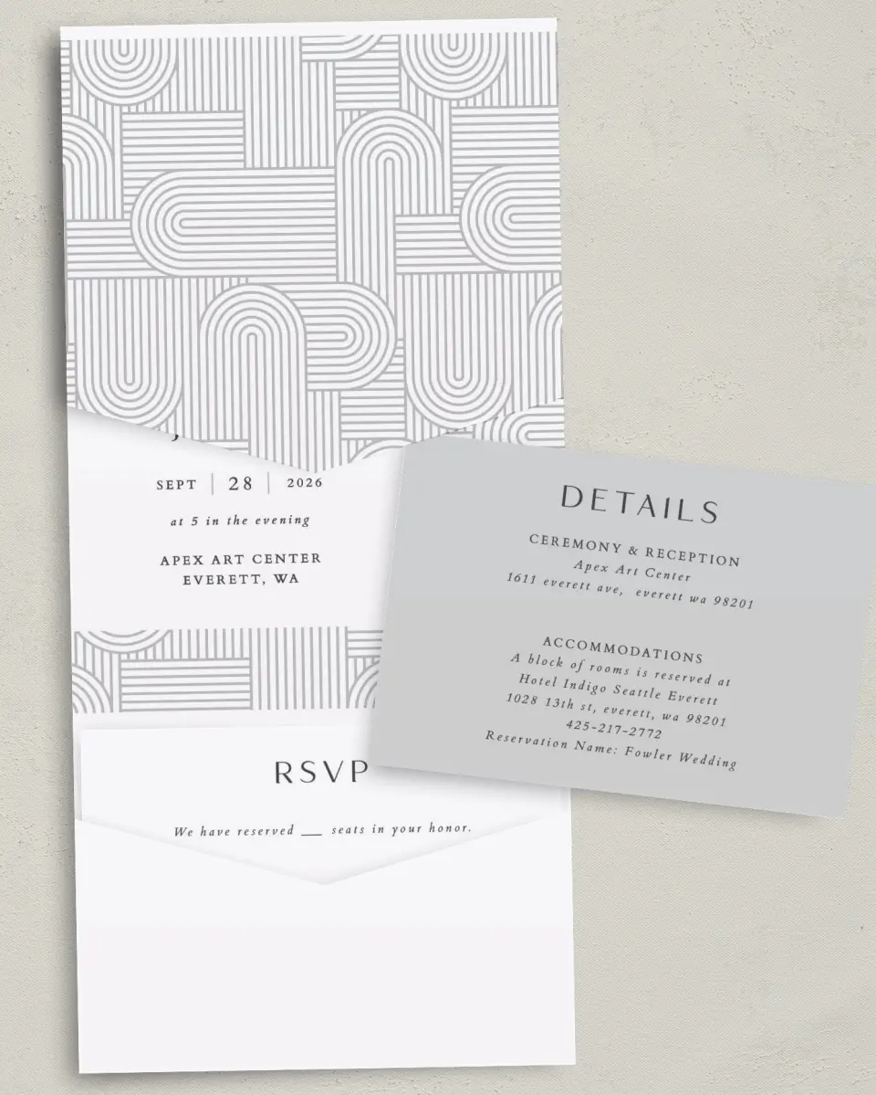 This is a 5¼" x 7¼" Folded Pocket Wedding Invitation called Geometric Elegance printed in full color with Gold foil on Luxe Satin (coated) paper