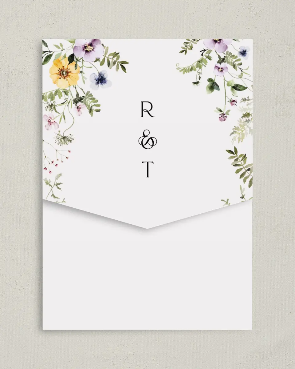 This is a 5¼" x 7¼" Folded Pocket Wedding Invitation called The Ruby printed in full color on Premium Smooth paper
