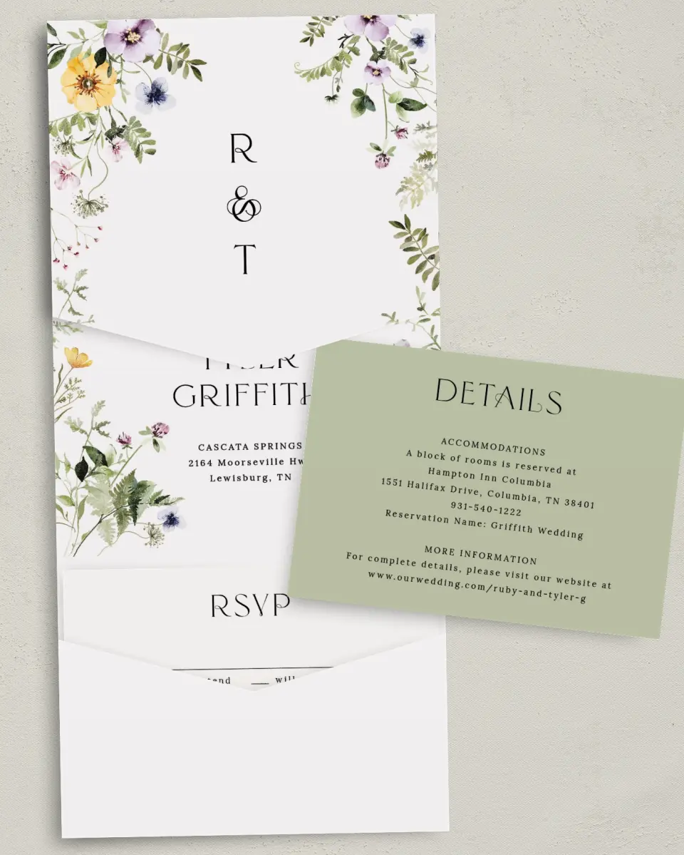 This is a 5¼" x 7¼" Folded Pocket Wedding Invitation called The Ruby printed in full color with Gold foil on Luxe Satin (coated) paper