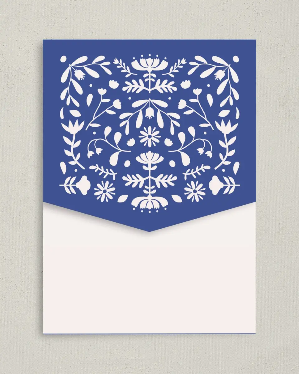 This is a 5¼" x 7¼" Folded Pocket Wedding Invitation called The Kassidy printed in full color on Premium Smooth paper