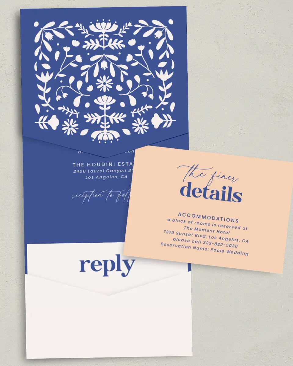 This is a 5¼" x 7¼" Folded Pocket Wedding Invitation called The Kassidy printed in full color with Gold foil on Luxe Satin (coated) paper