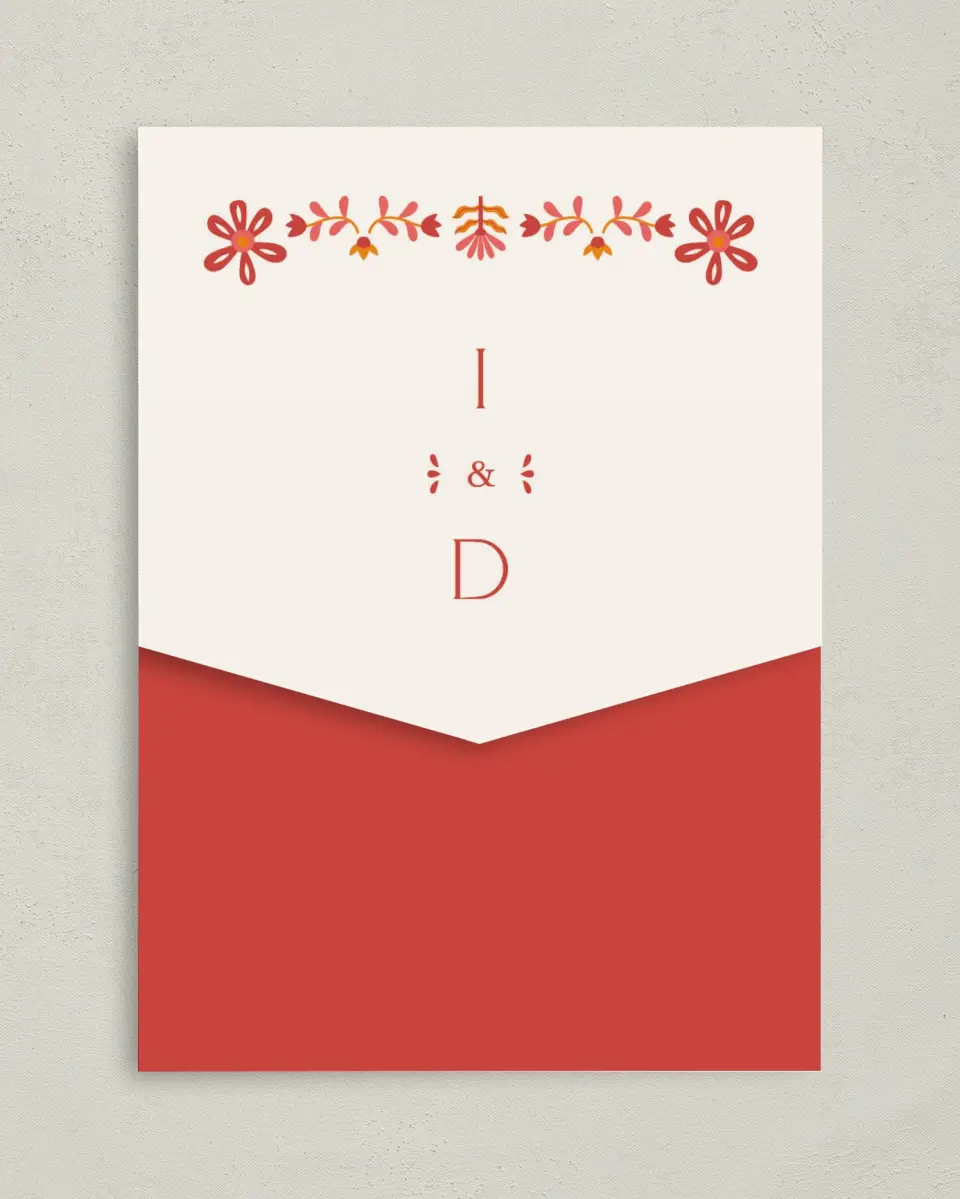 This is a 5¼" x 7¼" Folded Pocket Wedding Invitation called Folk Fiesta printed in full color on Premium Smooth paper