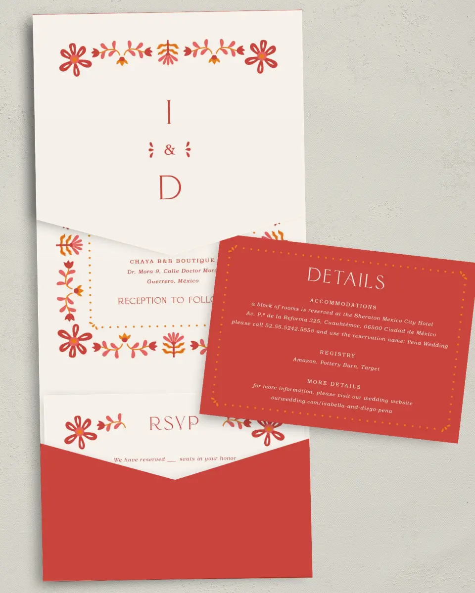 This is a 5¼" x 7¼" Folded Pocket Wedding Invitation called Folk Fiesta printed in full color with Gold foil on Luxe Satin (coated) paper