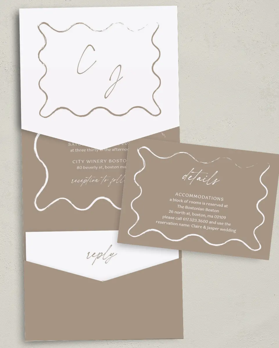This is a 5¼" x 7¼" Folded Pocket Wedding Invitation called Romantic Sketch printed in full color with Gold foil on Luxe Satin (coated) paper
