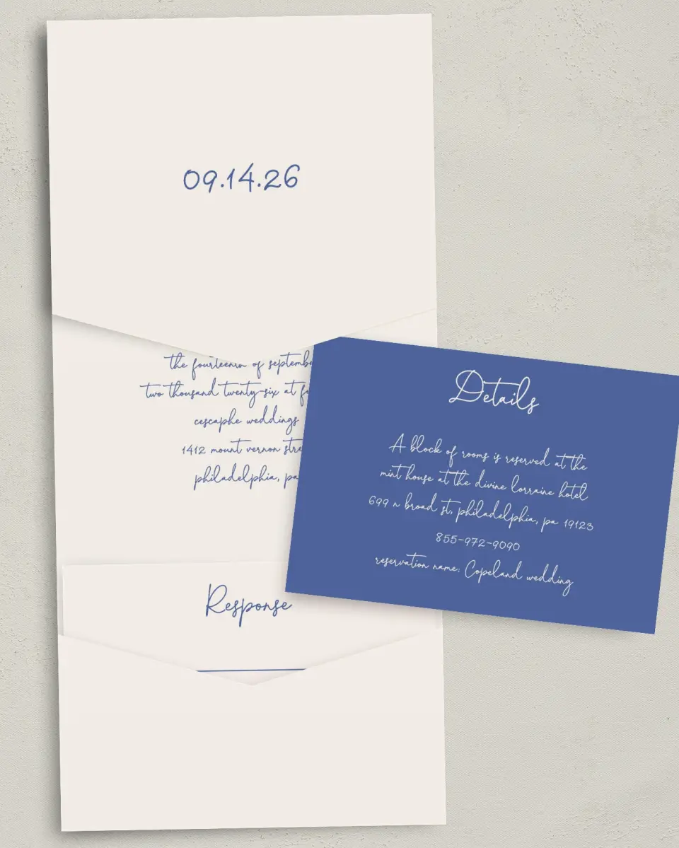 This is a 5¼" x 7¼" Folded Pocket Wedding Invitation called Sketched Bow printed in full color with Gold foil on Luxe Satin (coated) paper