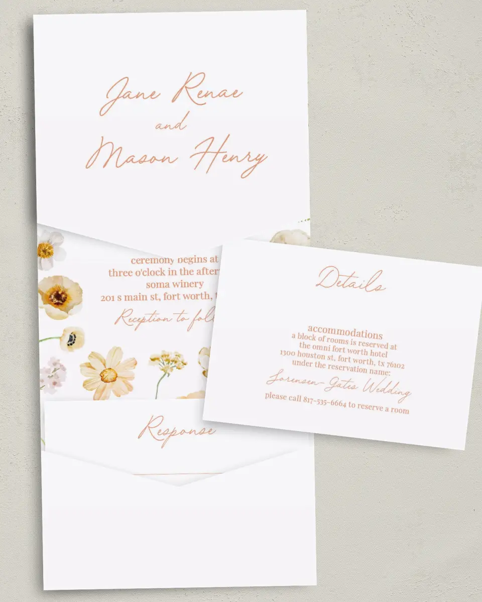 This is a 5¼" x 7¼" Folded Pocket Wedding Invitation called Warm Wildflowers printed in full color with Gold foil on Luxe Satin (coated) paper