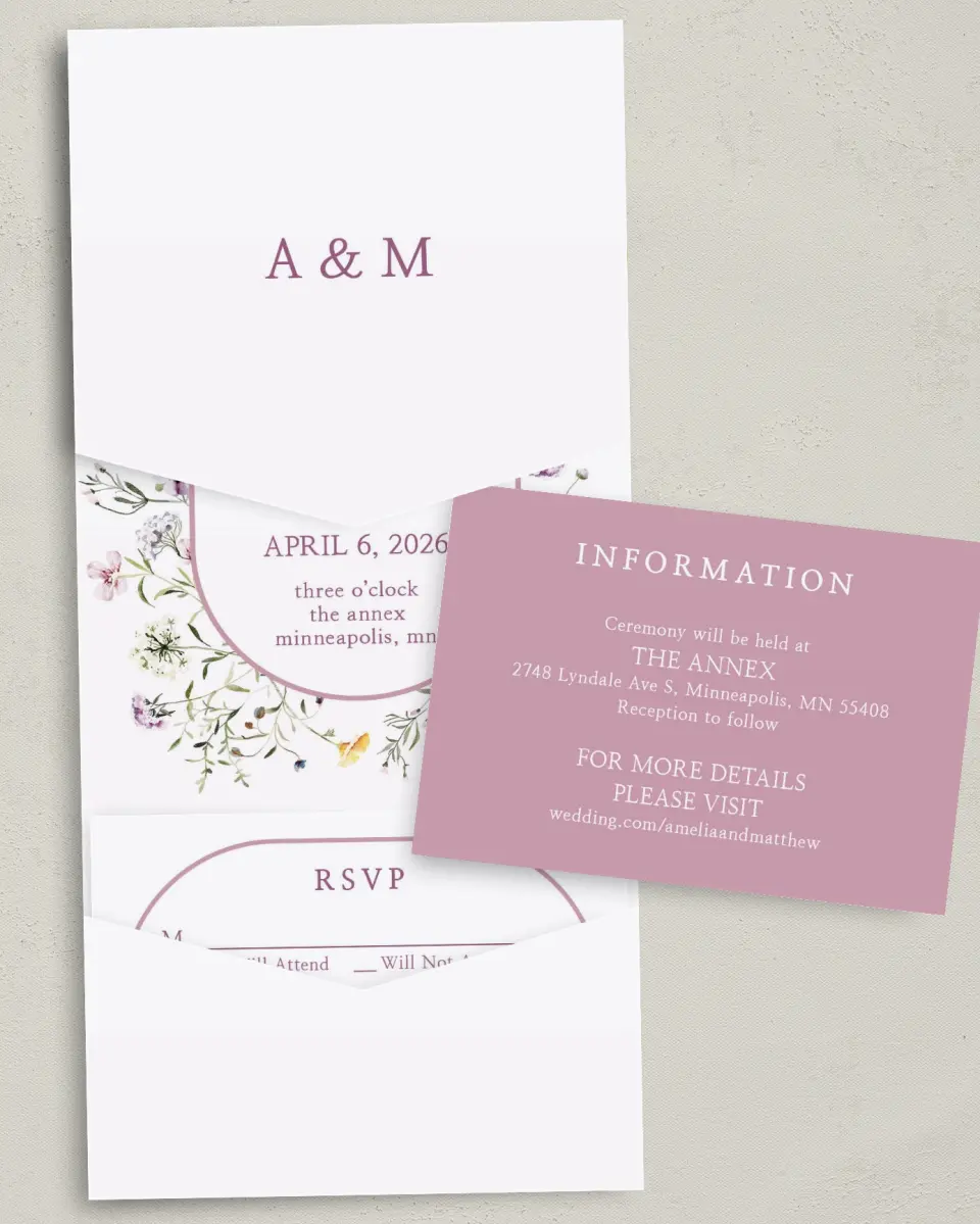 This is a 5¼" x 7¼" Folded Pocket Wedding Invitation called Whimsy Fairytale printed in full color with Gold foil on Luxe Satin (coated) paper
