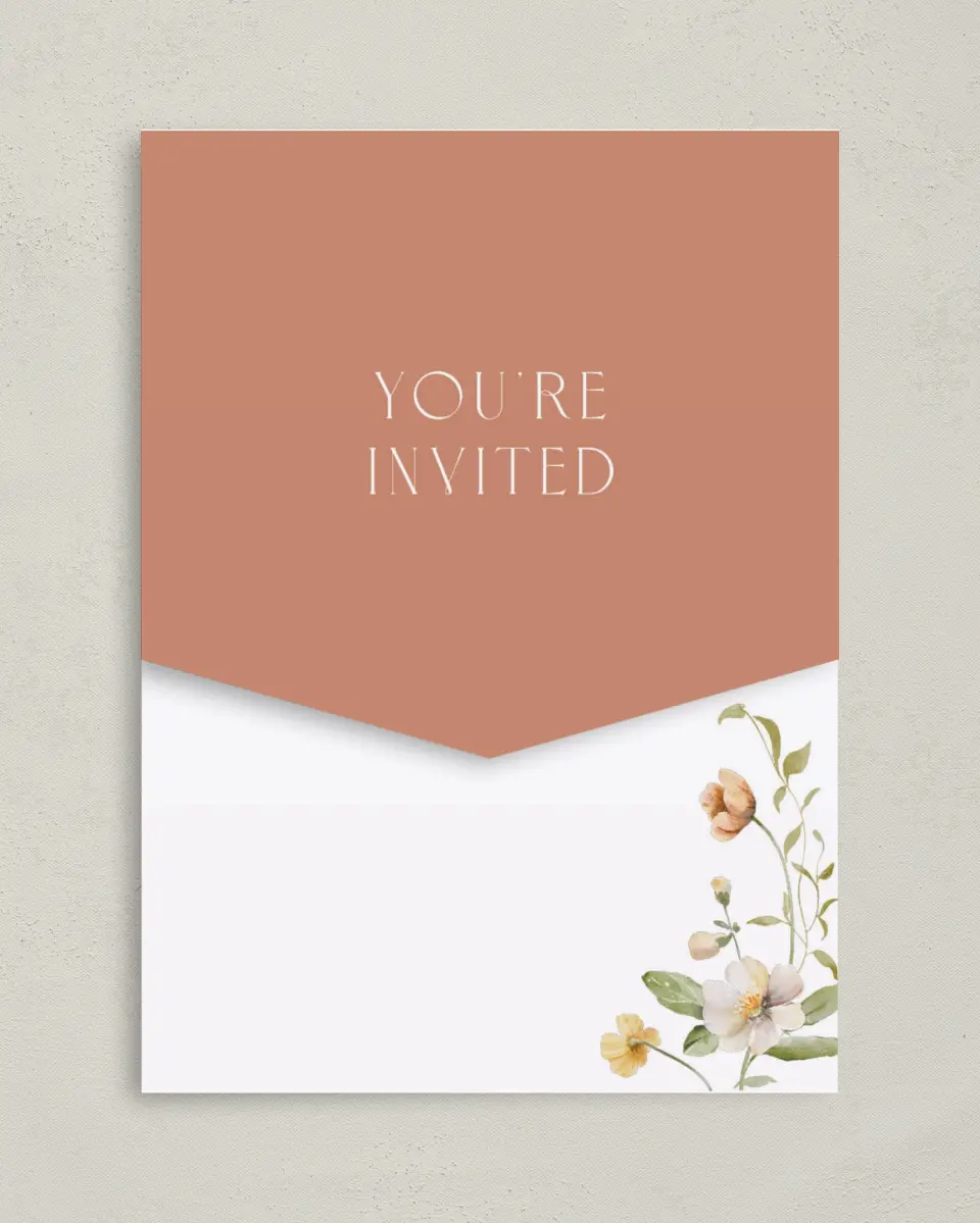 This is a 5¼" x 7¼" Folded Pocket Wedding Invitation called Delicate Garden printed in full color on Premium Smooth paper