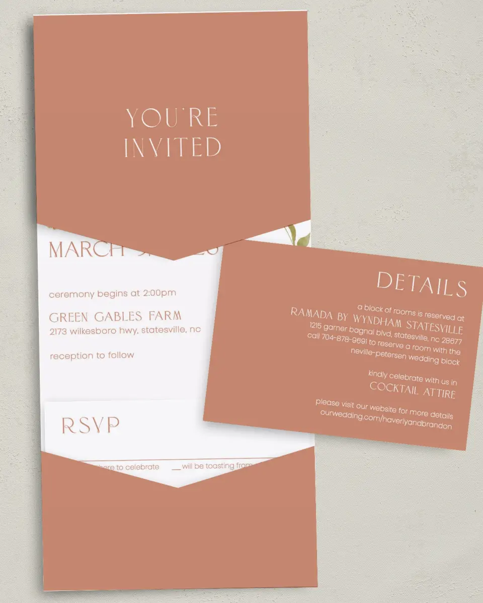 This is a 5¼" x 7¼" Folded Pocket Wedding Invitation called Delicate Garden printed in full color with Gold foil on Luxe Satin (coated) paper