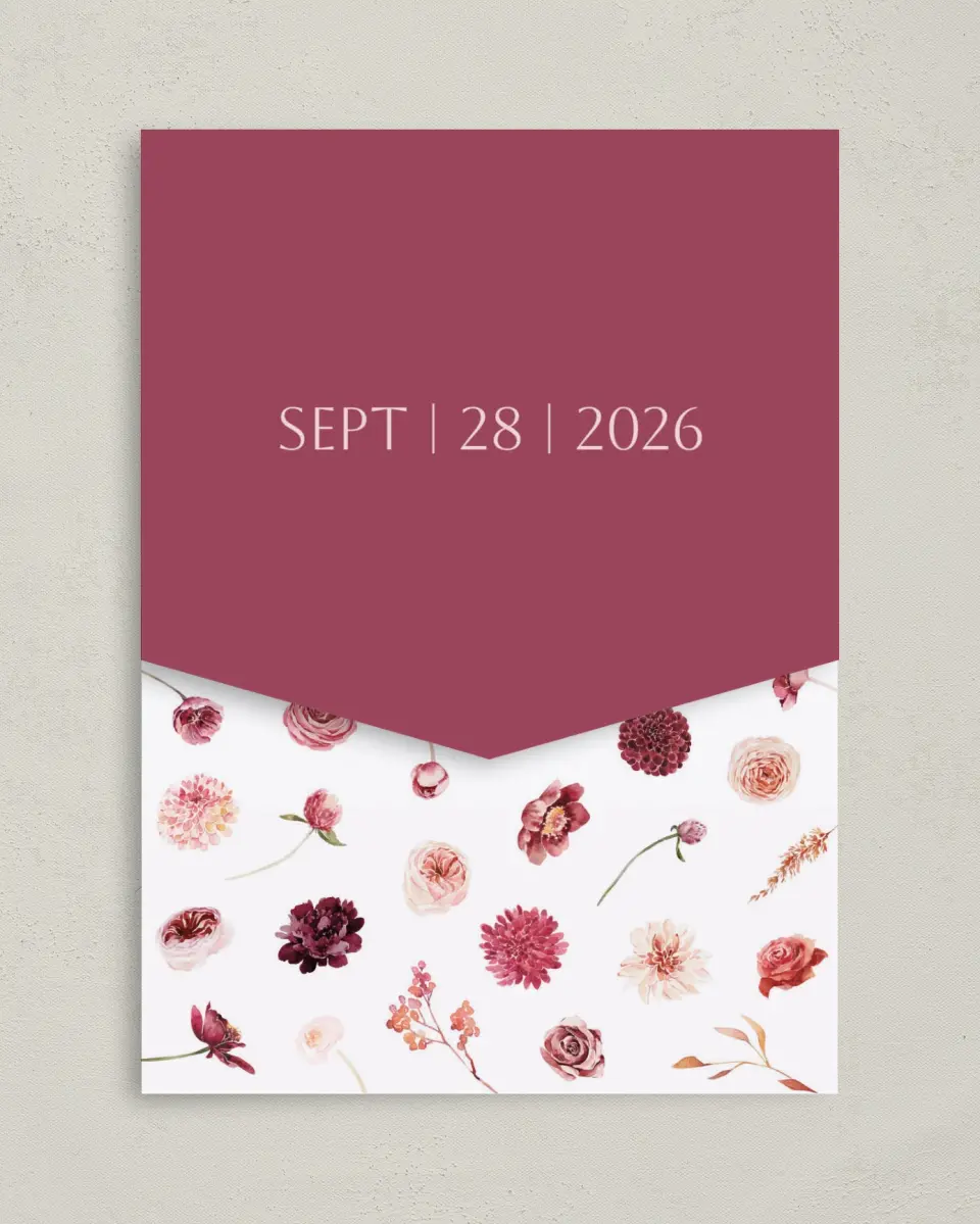 This is a 5¼" x 7¼" Folded Pocket Wedding Invitation called Mauvelous printed in full color on Premium Smooth paper