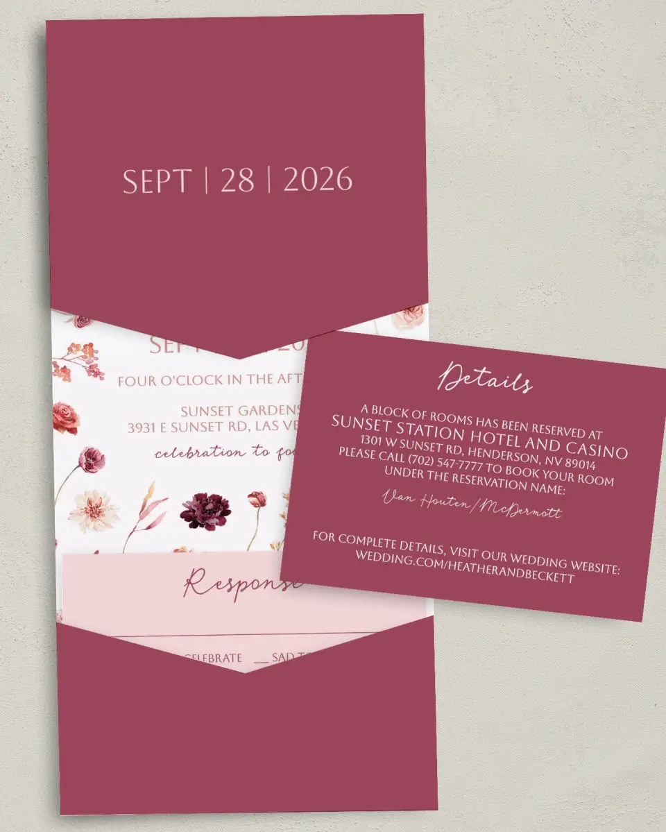 This is a 5¼" x 7¼" Folded Pocket Wedding Invitation called Mauvelous printed in full color with Gold foil on Luxe Satin (coated) paper