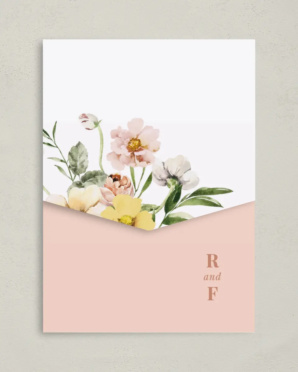 This is a 5¼" x 7¼" Folded Pocket Wedding Invitation called Gorgeous Blush printed in full color on Premium Smooth paper