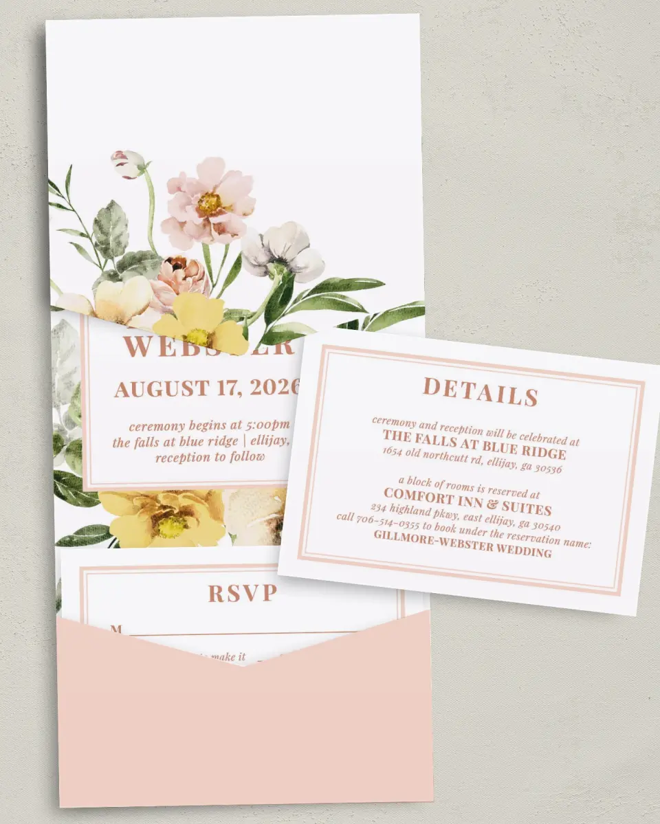 This is a 5¼" x 7¼" Folded Pocket Wedding Invitation called Gorgeous Blush printed in full color with Gold foil on Luxe Satin (coated) paper