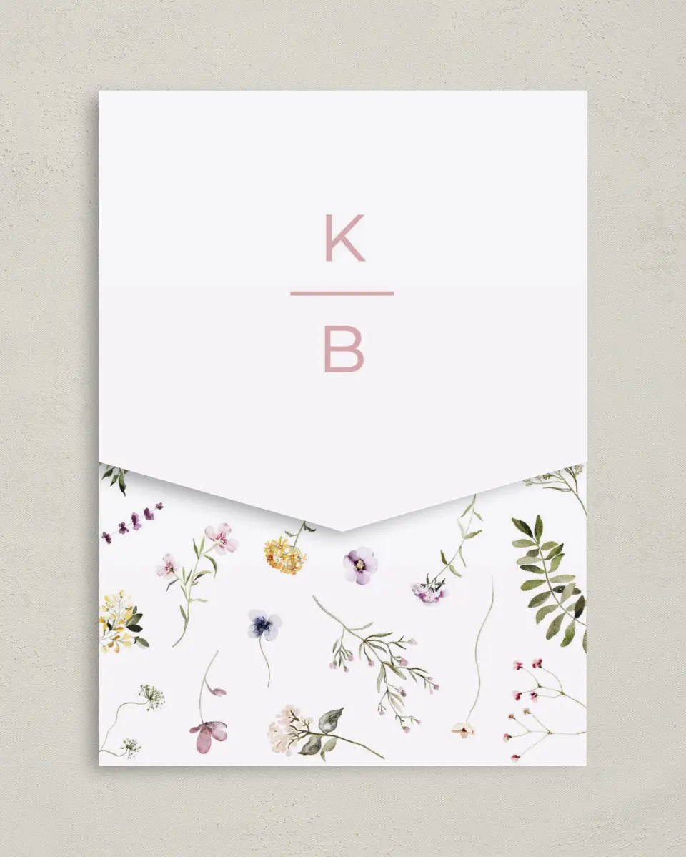 This is a 5¼" x 7¼" Folded Pocket Wedding Invitation called Efflorescence printed in full color on Premium Smooth paper
