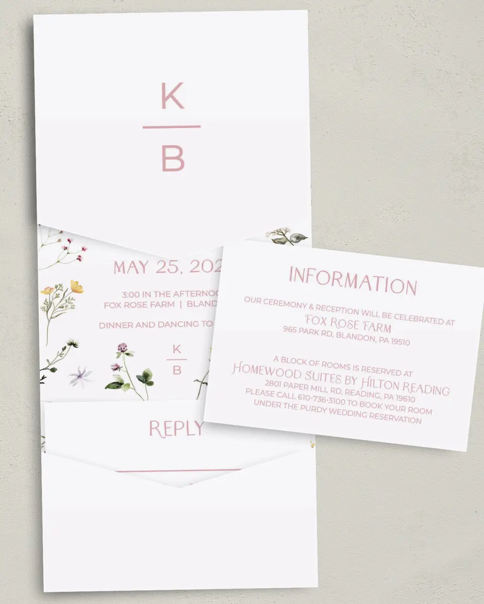 This is a 5¼" x 7¼" Folded Pocket Wedding Invitation called Efflorescence printed in full color with Gold foil on Luxe Satin (coated) paper
