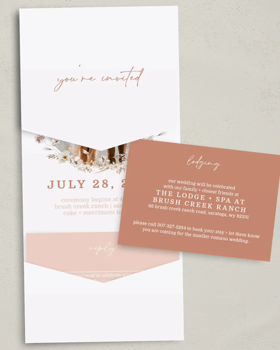 This is a 5¼" x 7¼" Folded Pocket Wedding Invitation called Petal Perfect printed in full color with Gold foil on Luxe Satin (coated) paper
