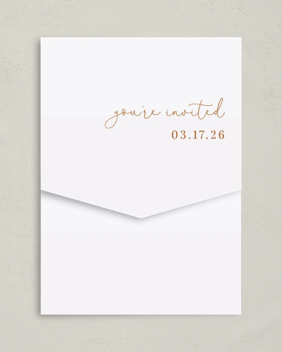 This is a 5¼" x 7¼" Folded Pocket Wedding Invitation called Sultry Sunshine printed in full color on Premium Smooth paper