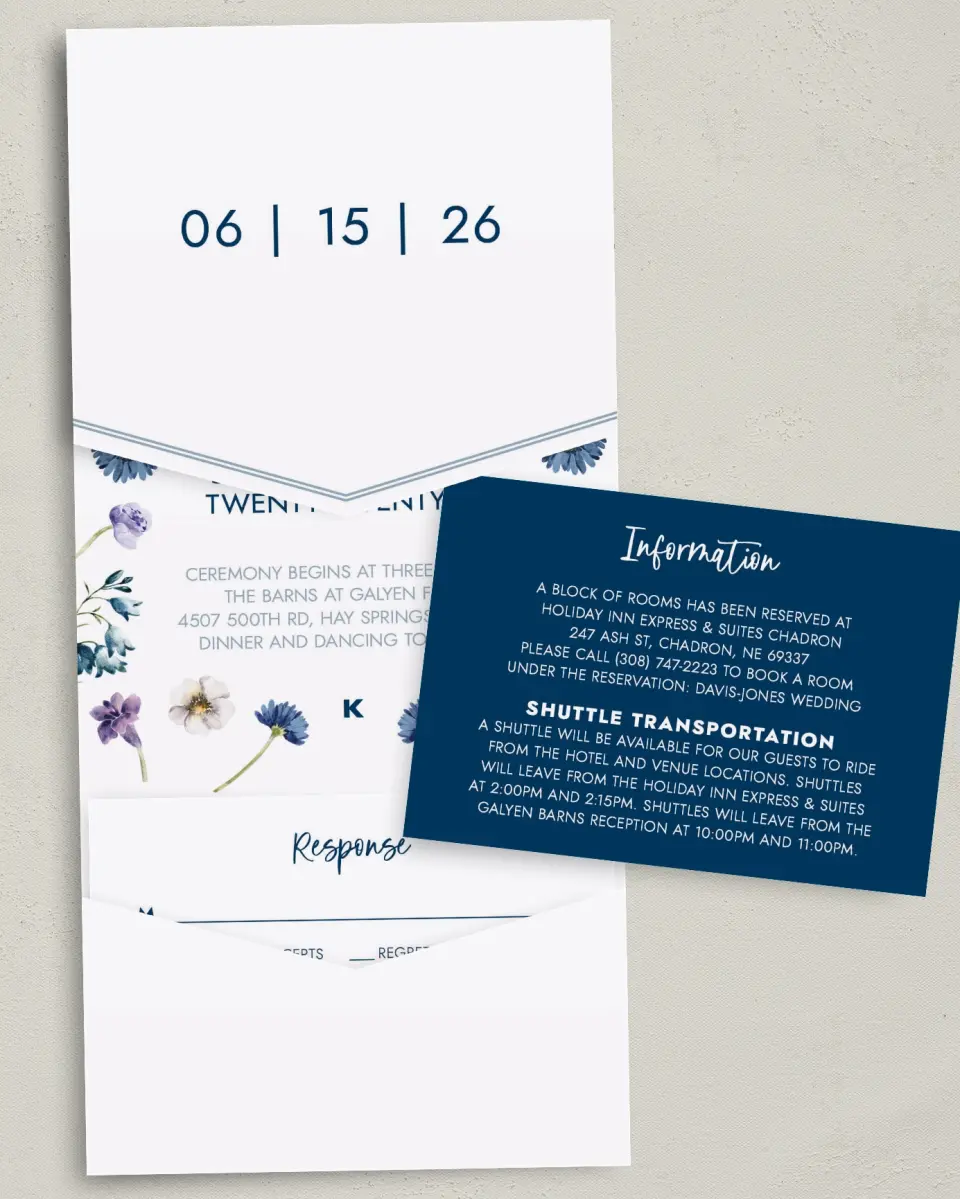 This is a 5¼" x 7¼" Folded Pocket Wedding Invitation called Abundant Blue printed in full color with Gold foil on Luxe Satin (coated) paper