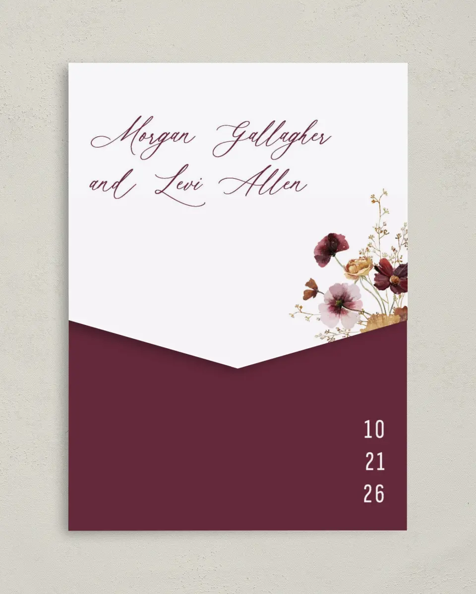 This is a 5¼" x 7¼" Folded Pocket Wedding Invitation called Harvest Meadows printed in full color on Premium Smooth paper