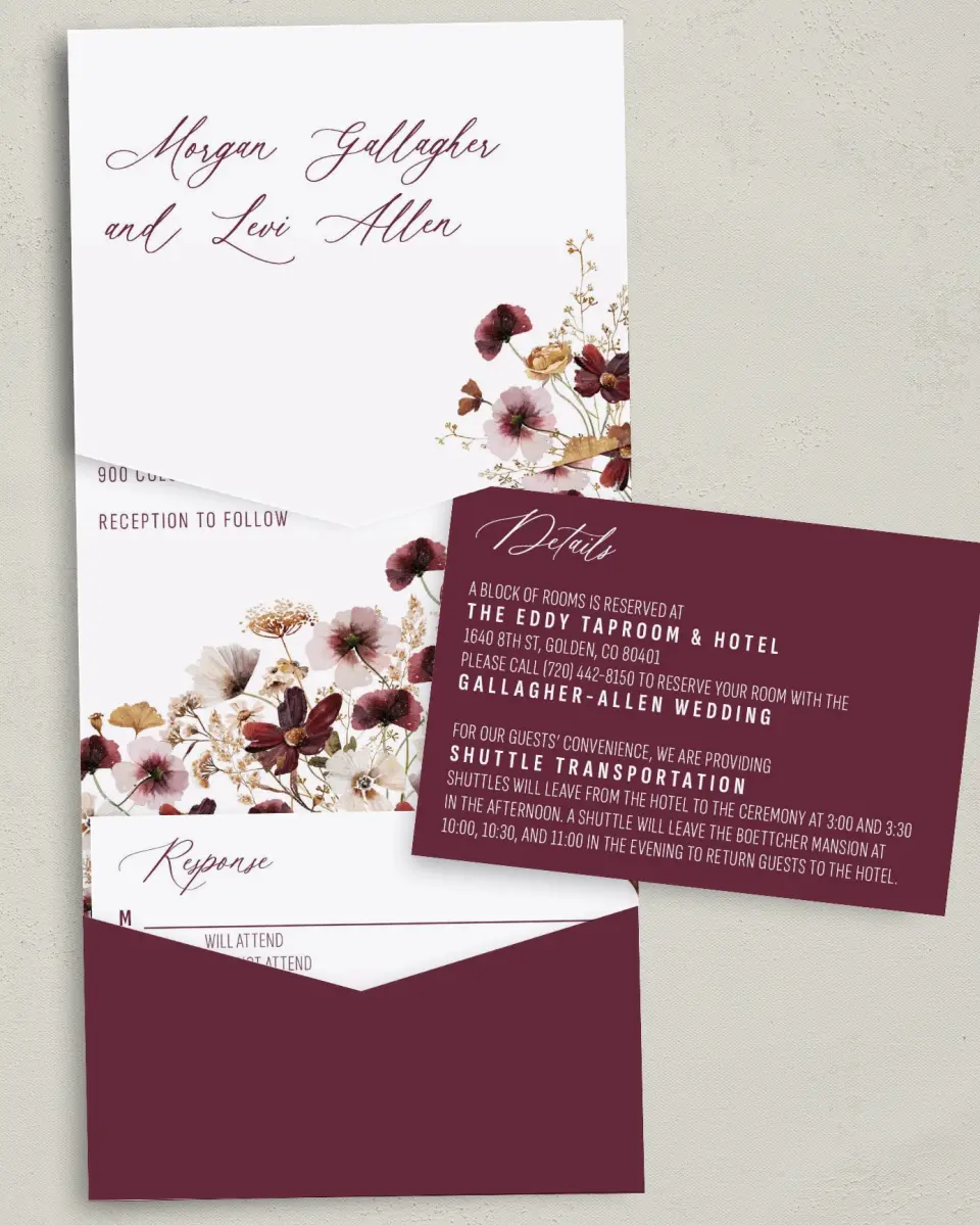 This is a 5¼" x 7¼" Folded Pocket Wedding Invitation called Harvest Meadows printed in full color with Gold foil on Luxe Satin (coated) paper