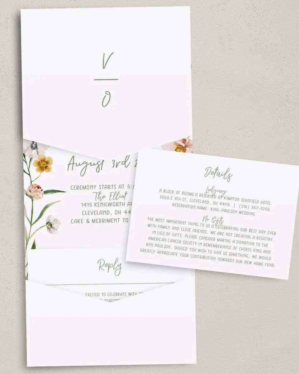 This is a 5¼" x 7¼" Folded Pocket Wedding Invitation called Hopeful Floral printed in full color with Gold foil on Luxe Satin (coated) paper