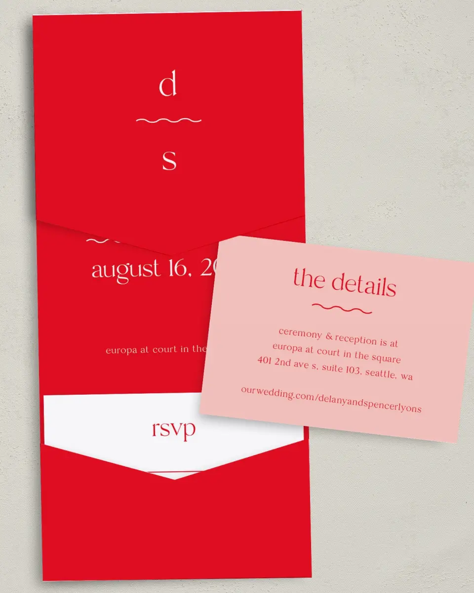 This is a 5¼" x 7¼" Folded Pocket Wedding Invitation called The Delaney printed in full color with Gold foil on Luxe Satin (coated) paper