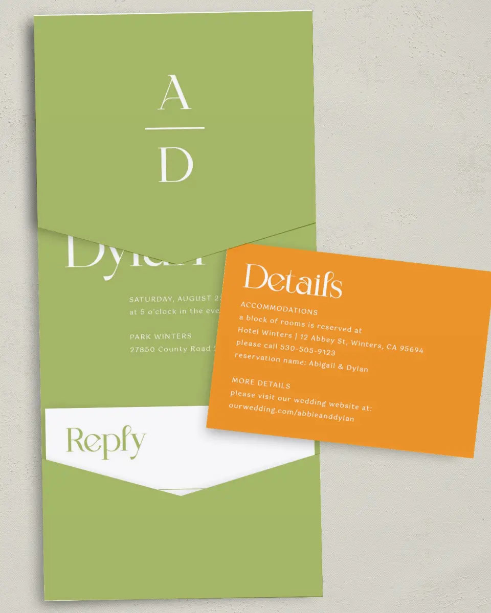 This is a 5¼" x 7¼" Folded Pocket Wedding Invitation called The Abigail printed in full color with Gold foil on Luxe Satin (coated) paper