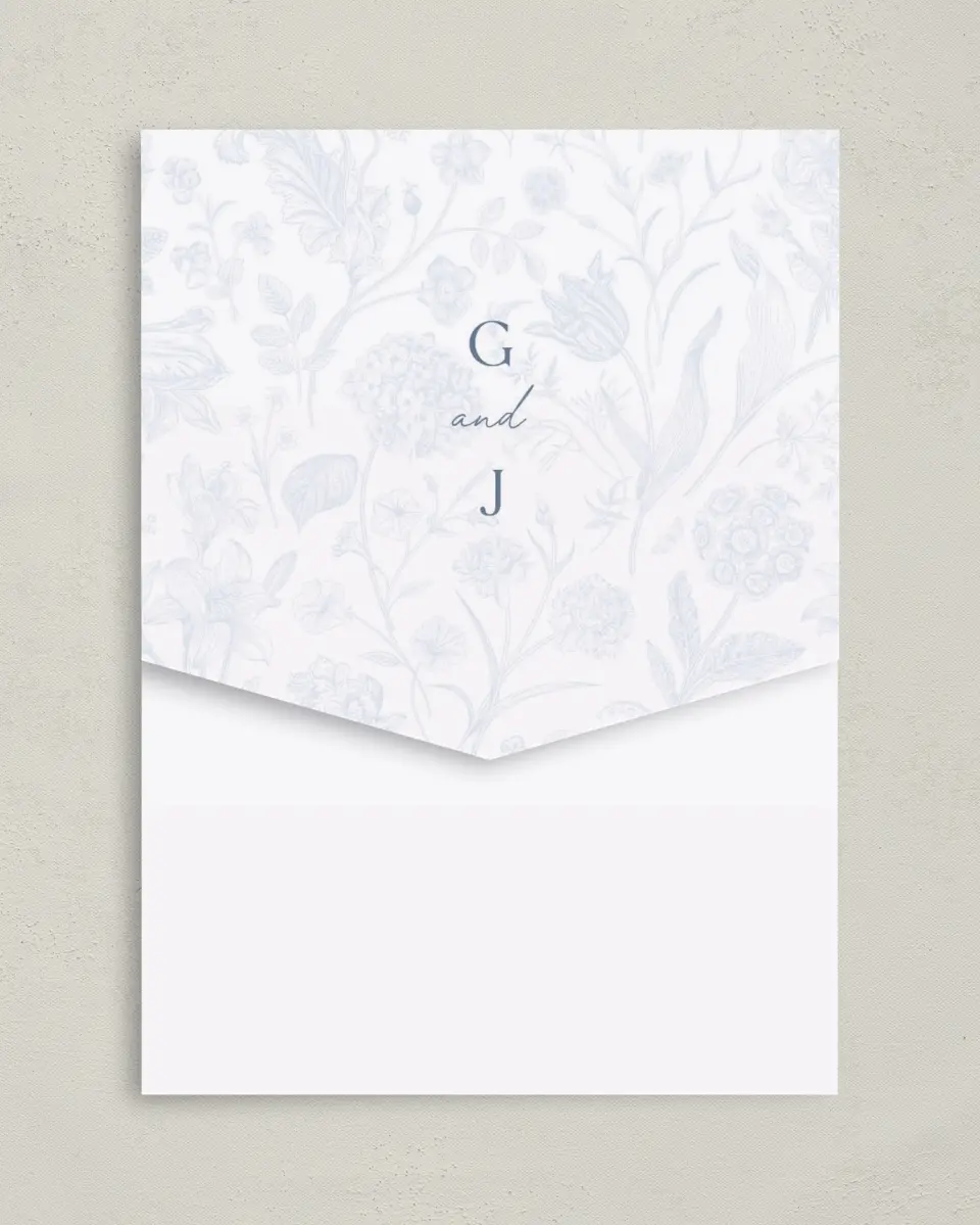 This is a 5¼" x 7¼" Folded Pocket Wedding Invitation called The Gabriella printed in full color on Premium Smooth paper