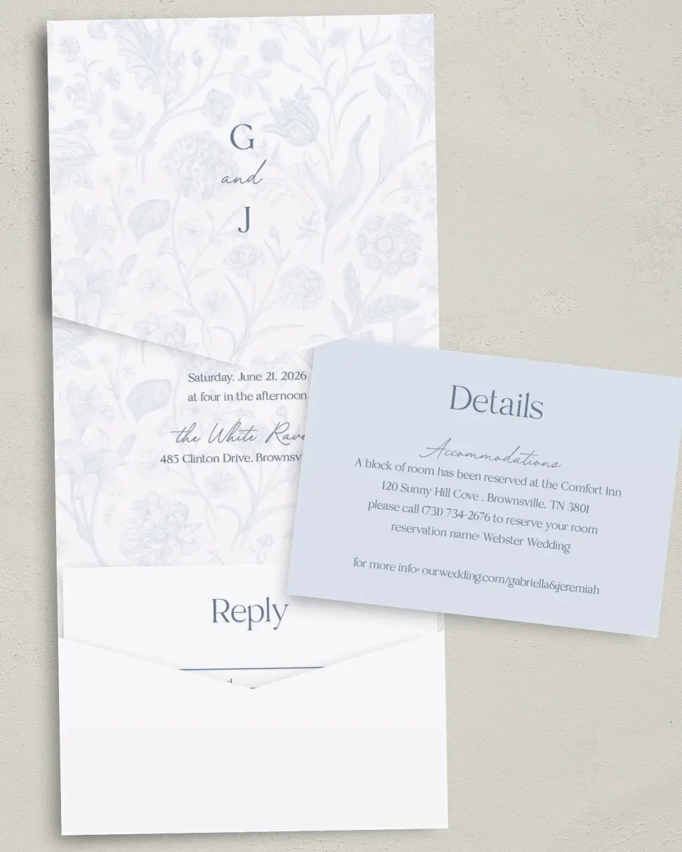 This is a 5¼" x 7¼" Folded Pocket Wedding Invitation called The Gabriella printed in full color with Gold foil on Luxe Satin (coated) paper