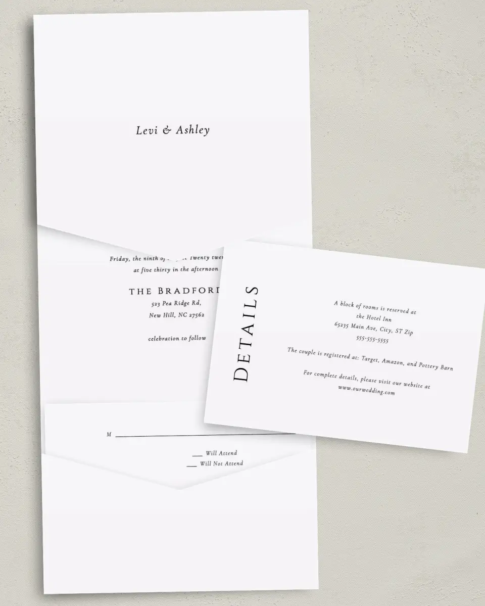 This is a 5¼" x 7¼" Folded Pocket Wedding Invitation called Classic Romance printed in full color with Gold foil on Luxe Satin (coated) paper