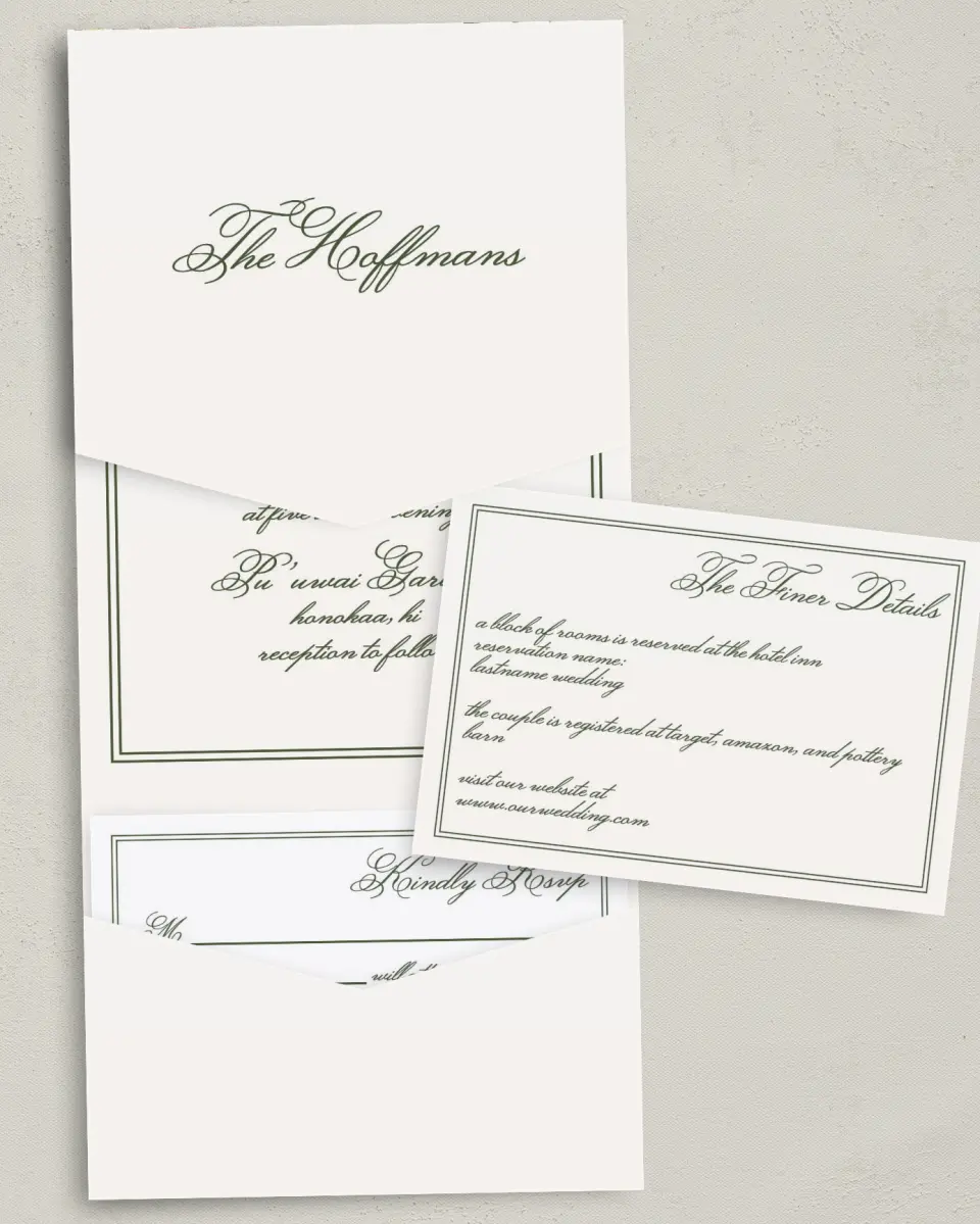 This is a 5¼" x 7¼" Folded Pocket Wedding Invitation called Aloha Amore printed in full color with Gold foil on Luxe Satin (coated) paper