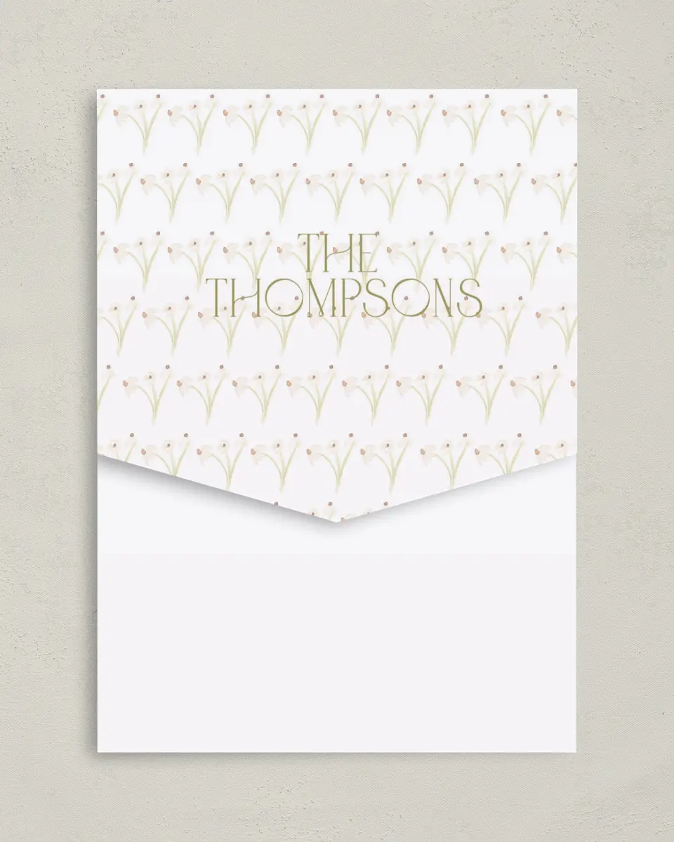This is a 5¼" x 7¼" Folded Pocket Wedding Invitation called Forever in Bloom printed in full color on Premium Smooth paper