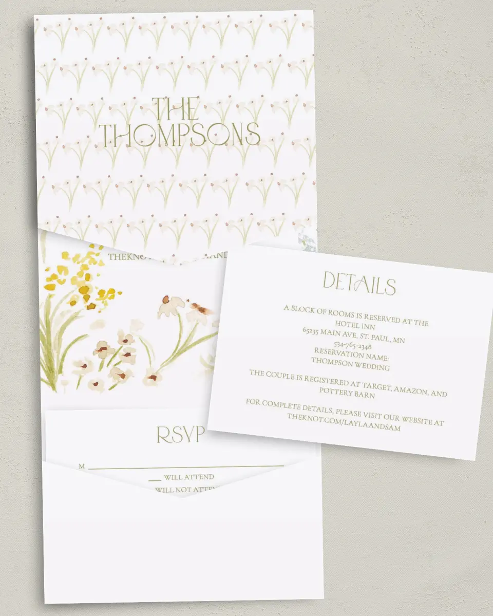 This is a 5¼" x 7¼" Folded Pocket Wedding Invitation called Forever in Bloom printed in full color with Gold foil on Luxe Satin (coated) paper