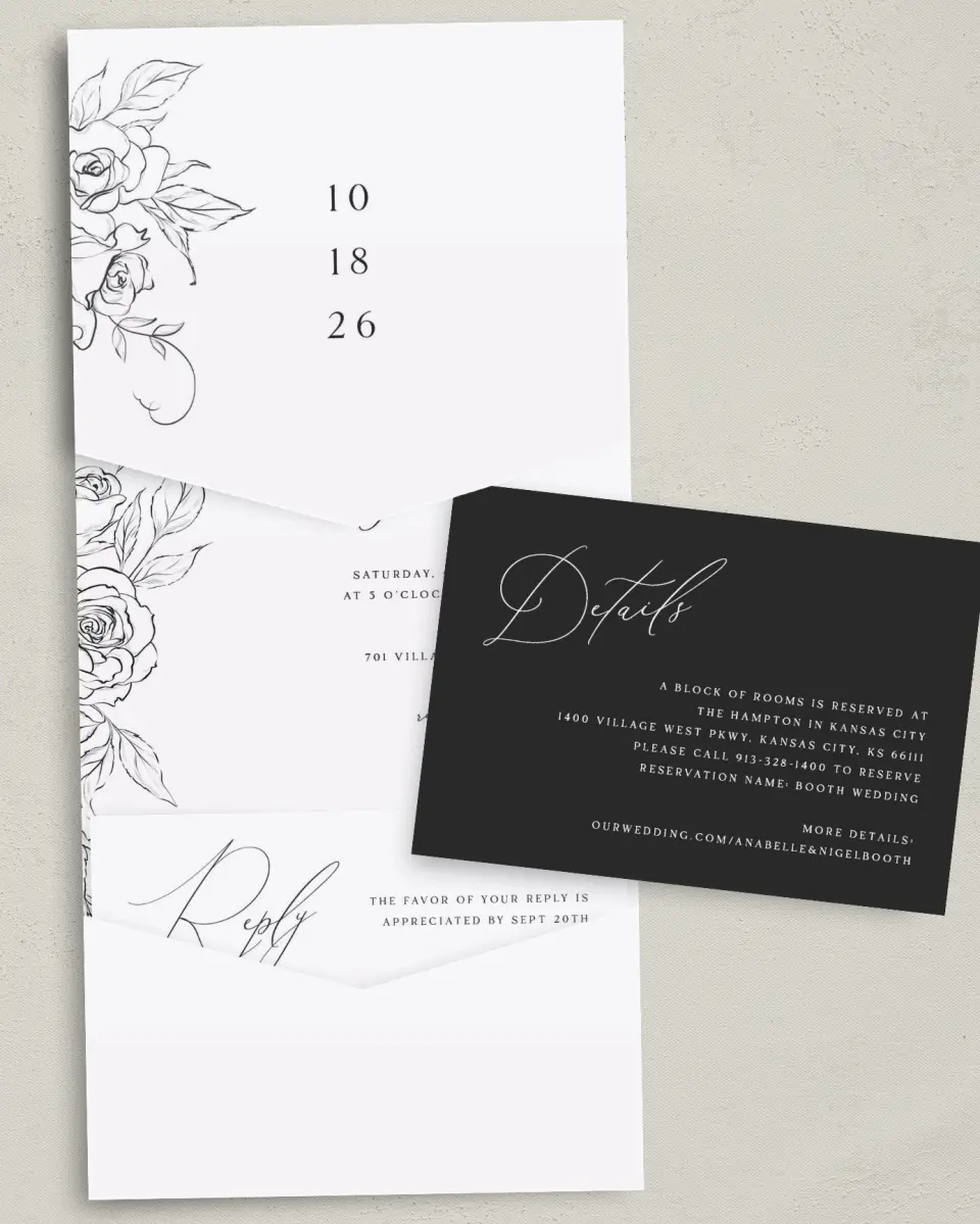 This is a 5¼" x 7¼" Folded Pocket Wedding Invitation called The Anabelle printed in full color with Gold foil on Luxe Satin (coated) paper