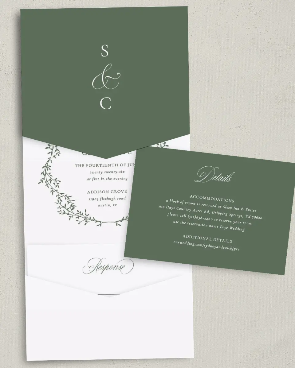 This is a 5¼" x 7¼" Folded Pocket Wedding Invitation called Elegant Frame printed in full color with Gold foil on Luxe Satin (coated) paper