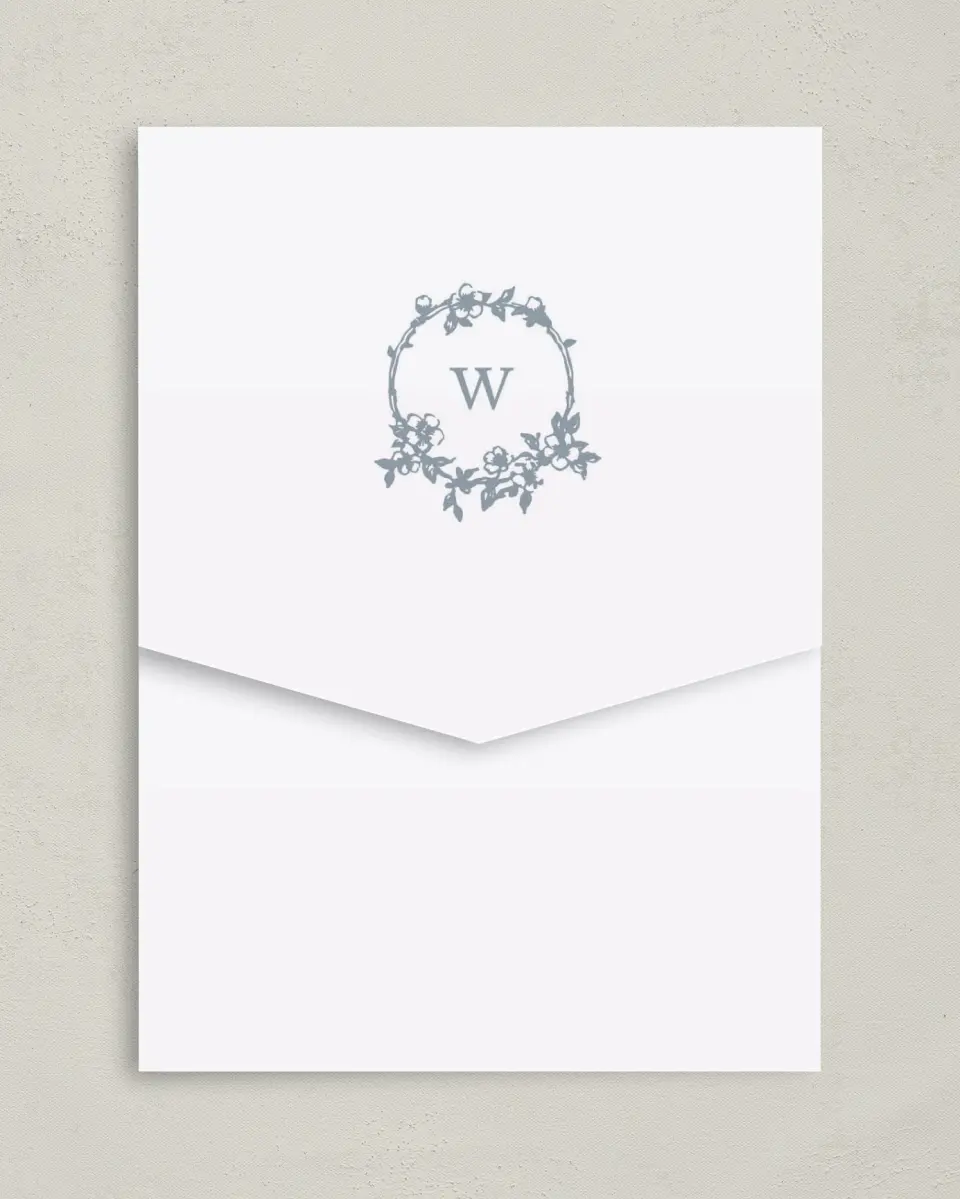 This is a 5¼" x 7¼" Folded Pocket Wedding Invitation called Flowering Frame printed in full color on Premium Smooth paper