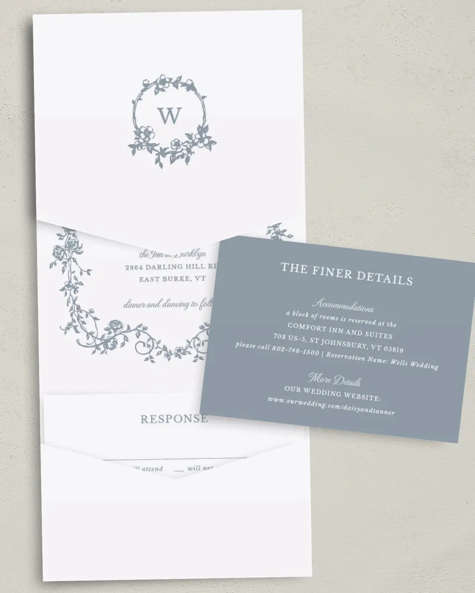 This is a 5¼" x 7¼" Folded Pocket Wedding Invitation called Flowering Frame printed in full color with Gold foil on Luxe Satin (coated) paper