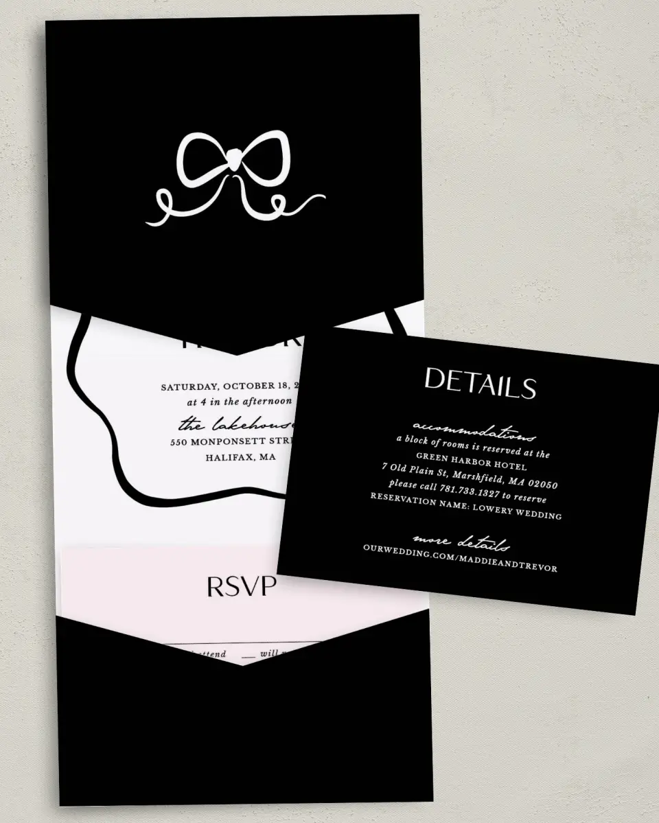 This is a 5¼" x 7¼" Folded Pocket Wedding Invitation called The Madison printed in full color with Gold foil on Luxe Satin (coated) paper