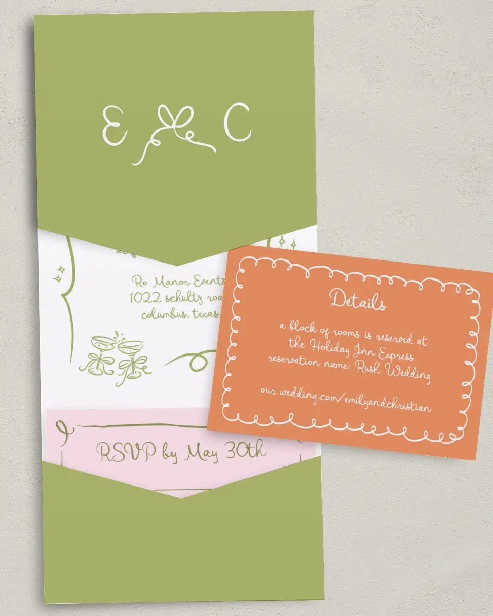 This is a 5¼" x 7¼" Folded Pocket Wedding Invitation called Wedding Whimsy printed in full color with Gold foil on Luxe Satin (coated) paper