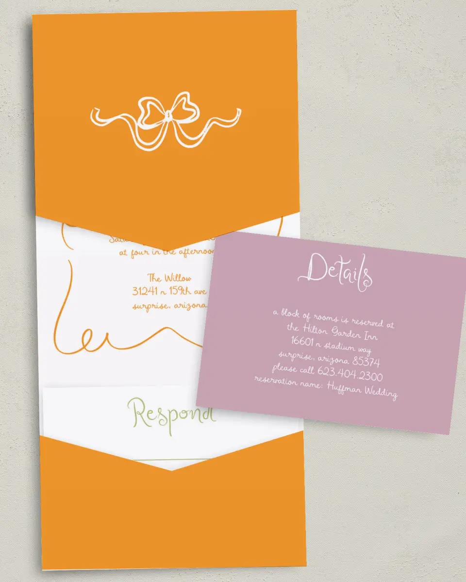 This is a 5¼" x 7¼" Folded Pocket Wedding Invitation called The Micayla printed in full color with Gold foil on Luxe Satin (coated) paper