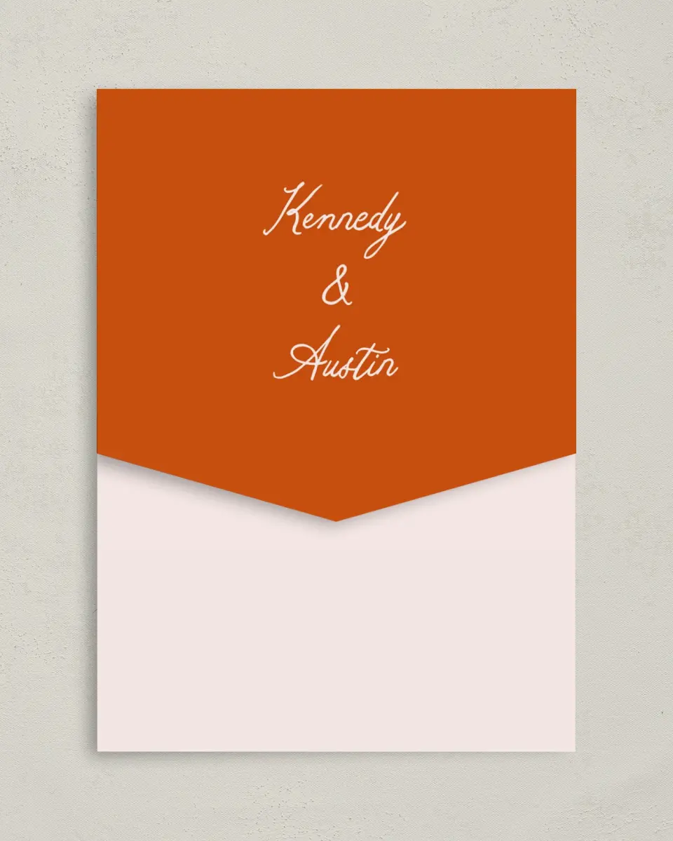 This is a 5¼" x 7¼" Folded Pocket Wedding Invitation called The Kennedy printed in full color on Premium Smooth paper