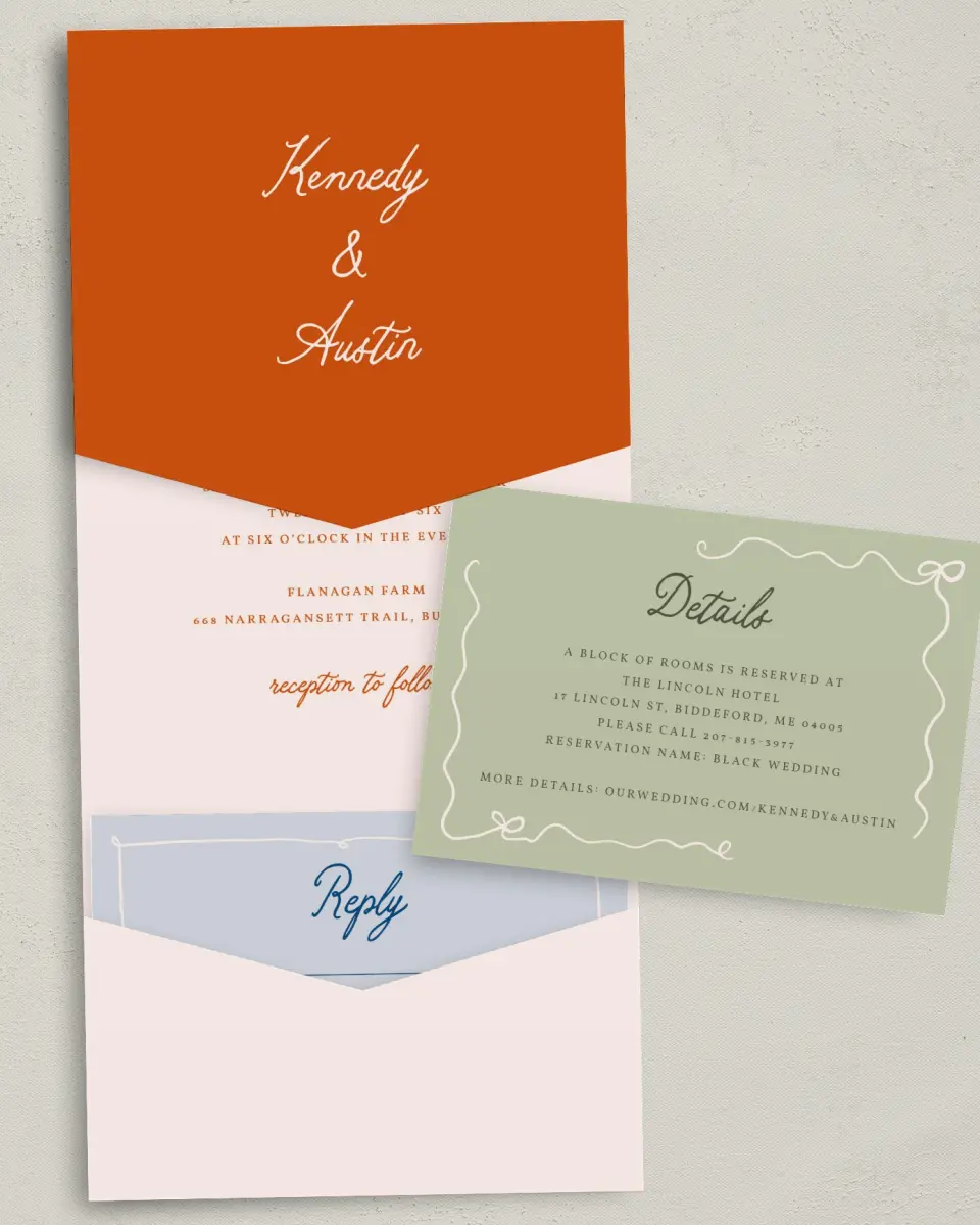 This is a 5¼" x 7¼" Folded Pocket Wedding Invitation called The Kennedy printed in full color with Gold foil on Luxe Satin (coated) paper