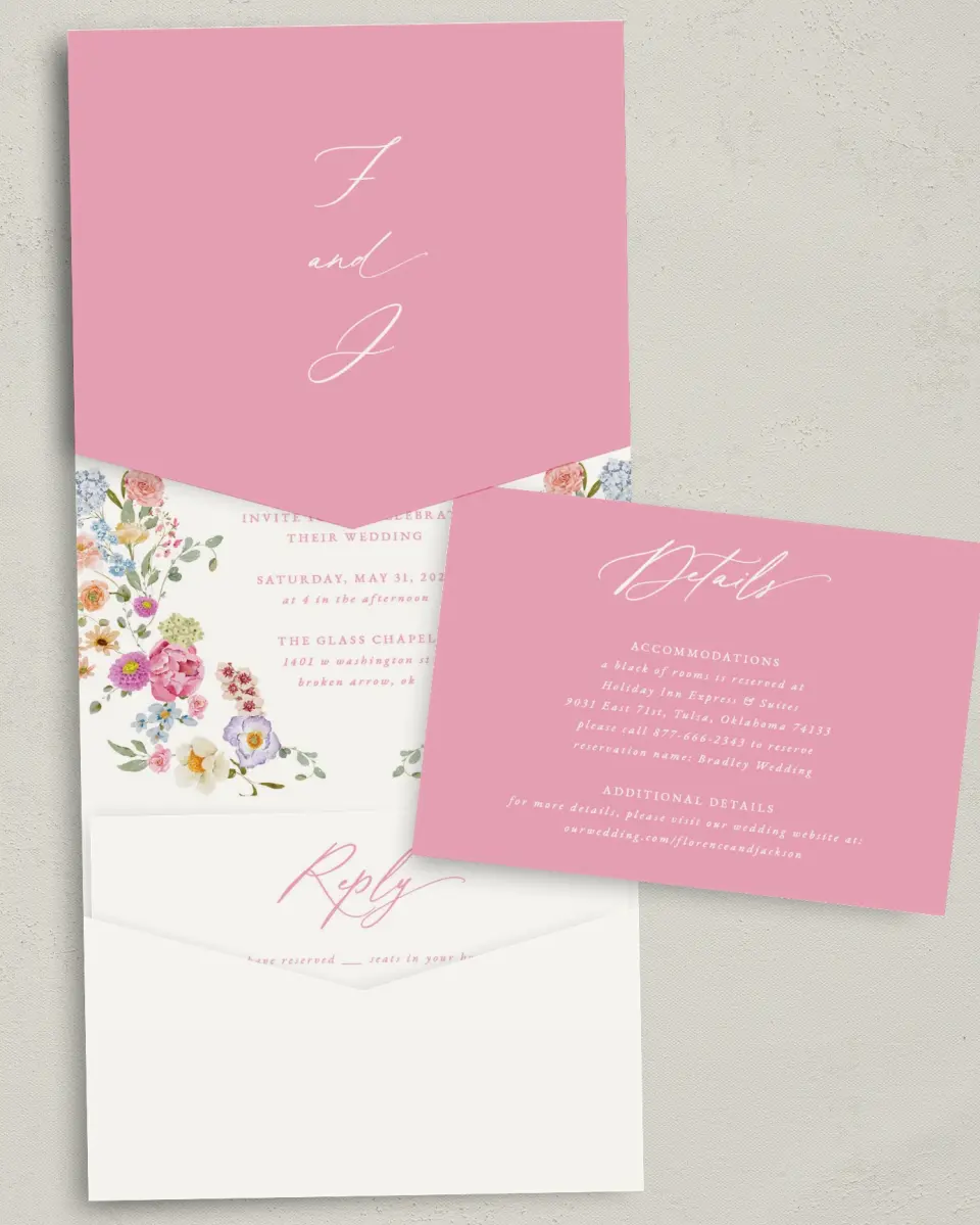 This is a 5¼" x 7¼" Folded Pocket Wedding Invitation called The Florence printed in full color with Gold foil on Luxe Satin (coated) paper