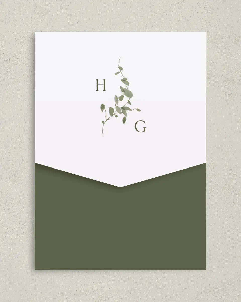This is a 5¼" x 7¼" Folded Pocket Wedding Invitation called The Hailey printed in full color on Premium Smooth paper