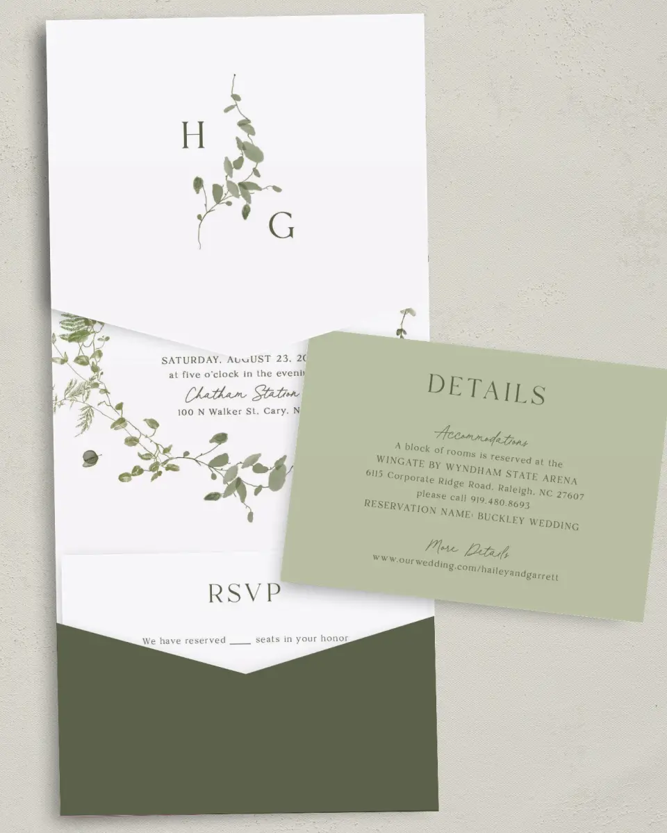 This is a 5¼" x 7¼" Folded Pocket Wedding Invitation called The Hailey printed in full color with Gold foil on Luxe Satin (coated) paper