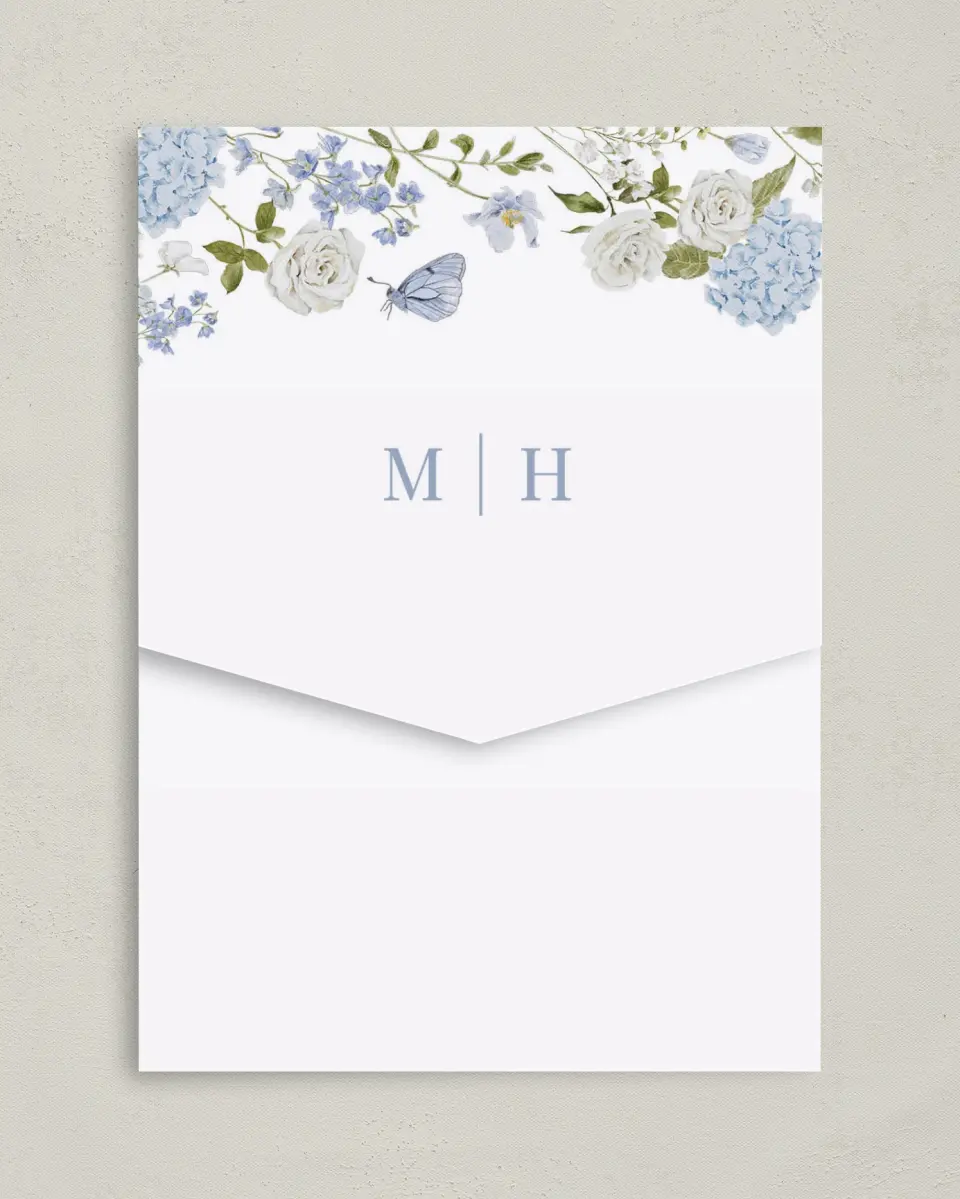This is a 5¼" x 7¼" Folded Pocket Wedding Invitation called Blue Blossoms printed in full color on Premium Smooth paper