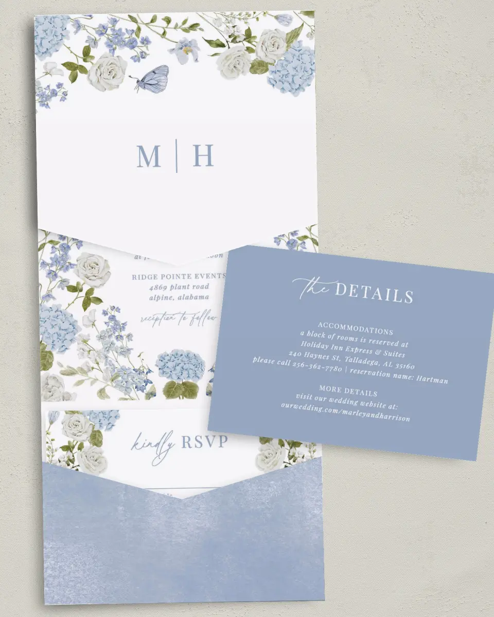 This is a 5¼" x 7¼" Folded Pocket Wedding Invitation called Blue Blossoms printed in full color with Gold foil on Luxe Satin (coated) paper
